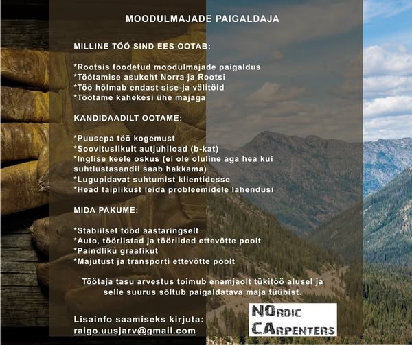 Tööpakkumine moodulmajade paigaldajale