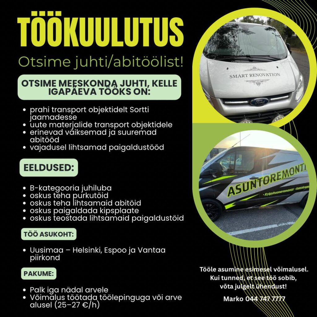 Tööpakkumine juhile/abitöölisele Soomes