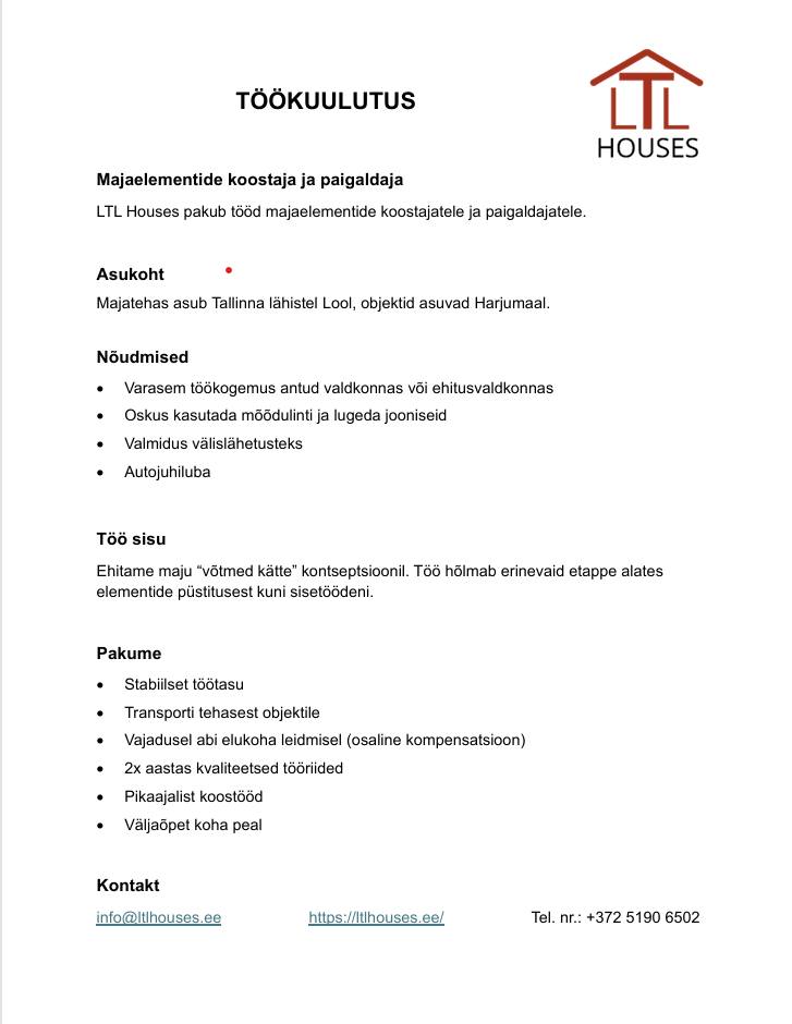 Tööpakkumine majaelementide koostajale ja paigaldajale