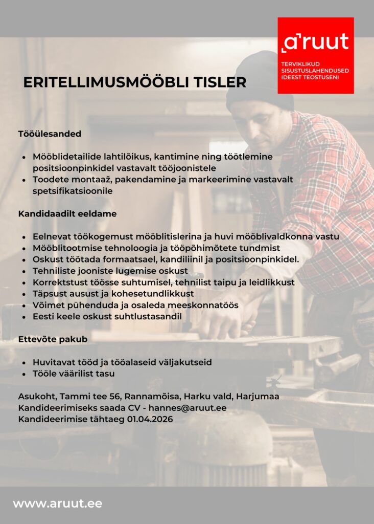Tööpakkumine eritellimusmööbli tislerile