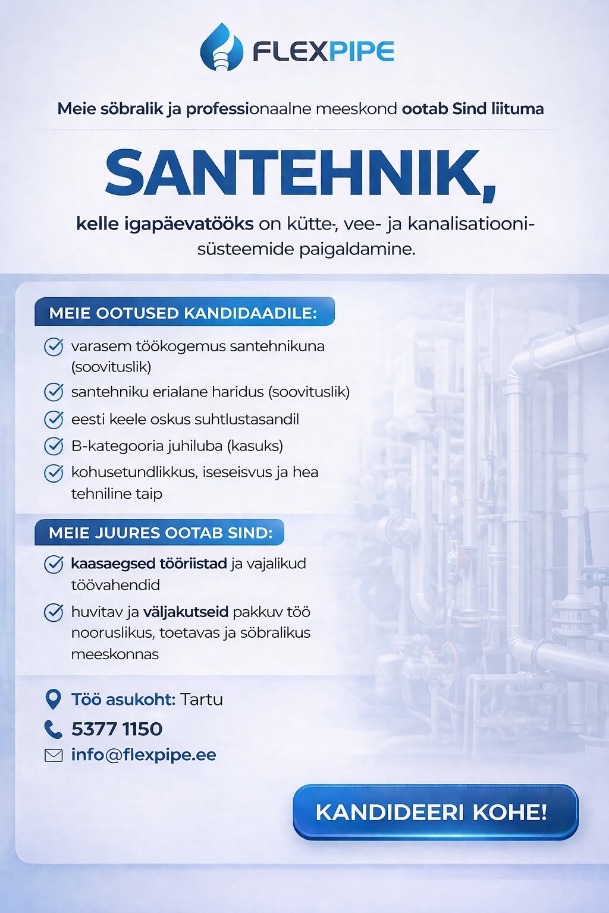 Tööpakkumine santehnikule Tartus