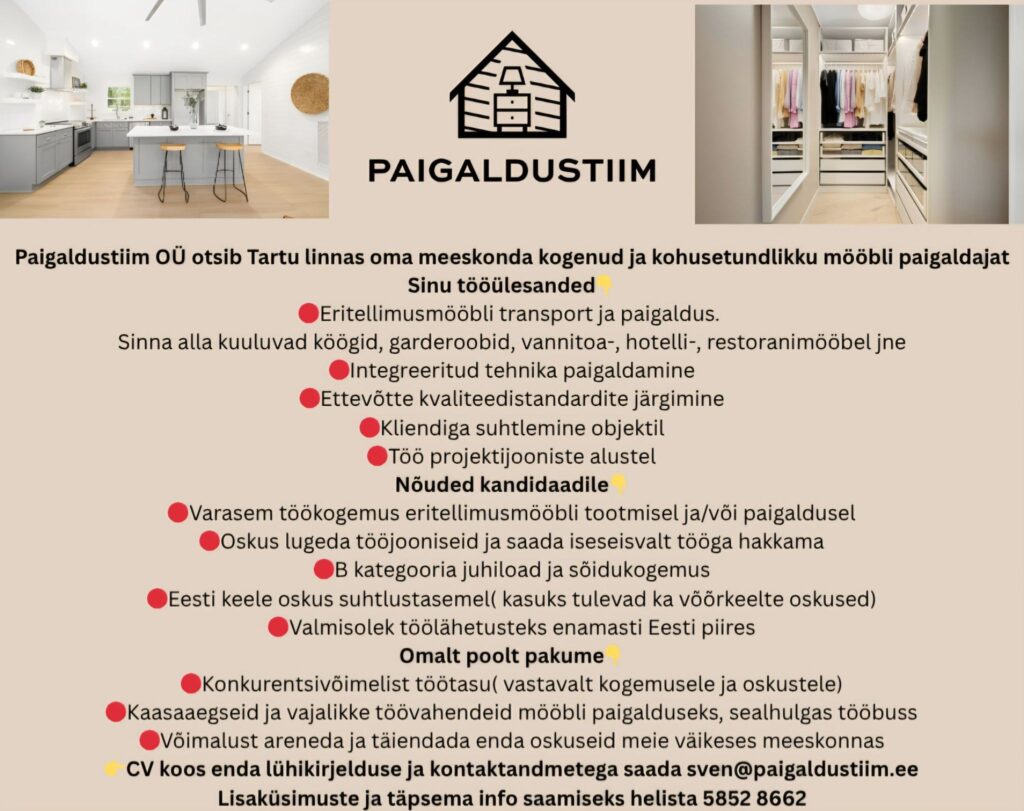 Tööpakkumine mööbli paigaldajale Tartus