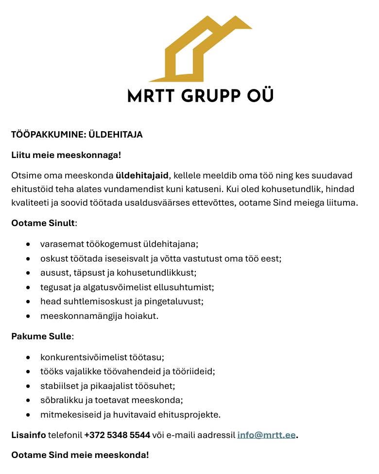 Tööpakkumine üldehitajale Saaremaal