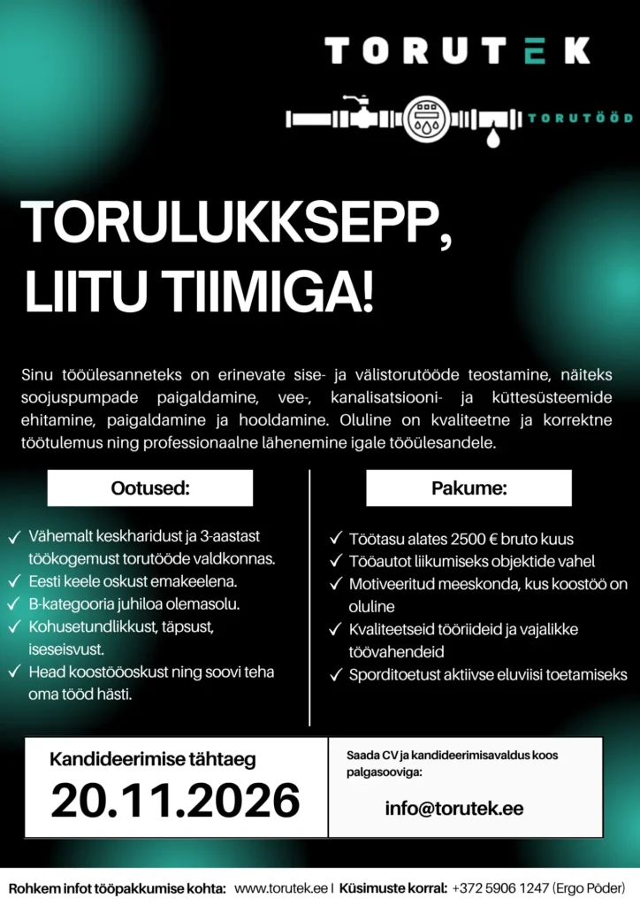 Torutek Torutööd OÜ pakub tööd torulukksepale